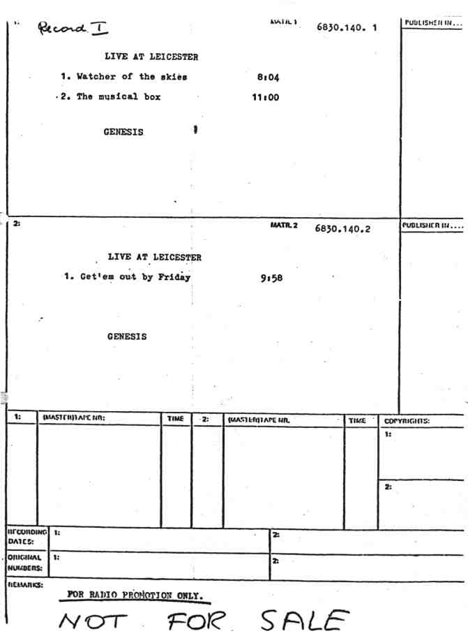 Tracksheet for the LIVE Promo 2LP test pressing