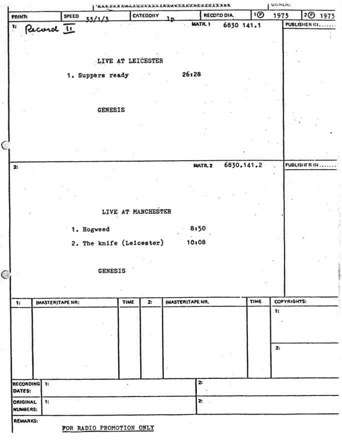 Tracksheet for the LIVE Promo 2LP test pressing